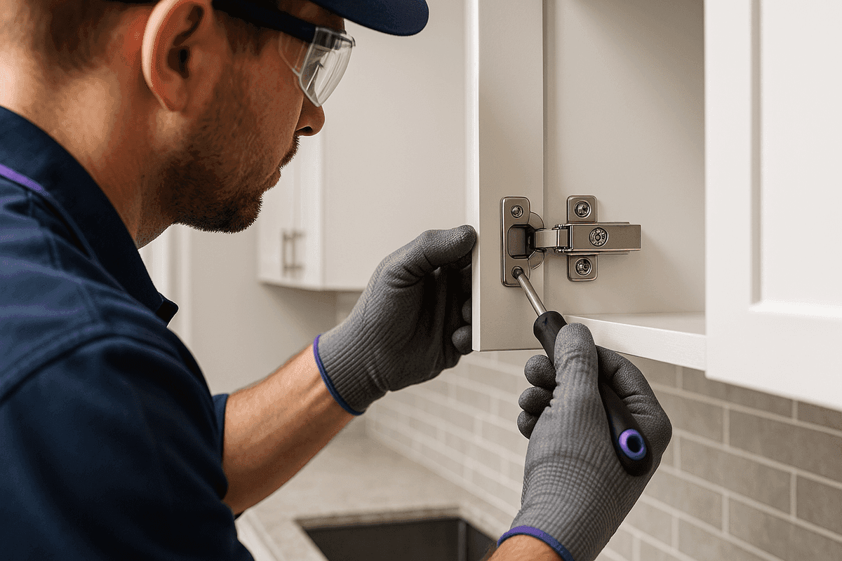 Craftsman wearing safety gear installing cabinet hinge in modern residential kitchen